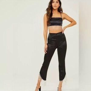 ALTAR’D STATE Black Satin Rhinestone Crystal Trim Cropped Pants Sz S $80